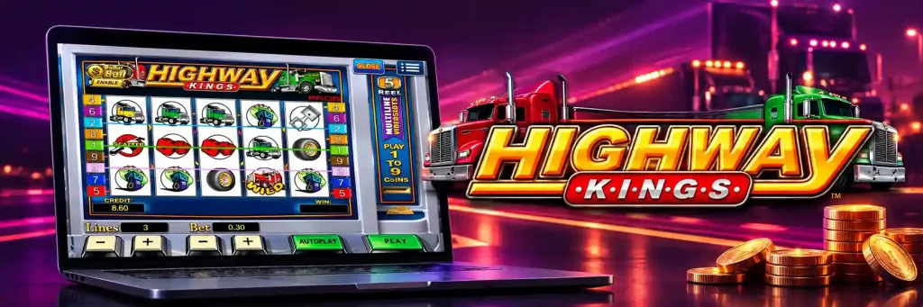 Highway Kings slot gameplay preview on Kiss918 showing reels, Paylines, and betting controls